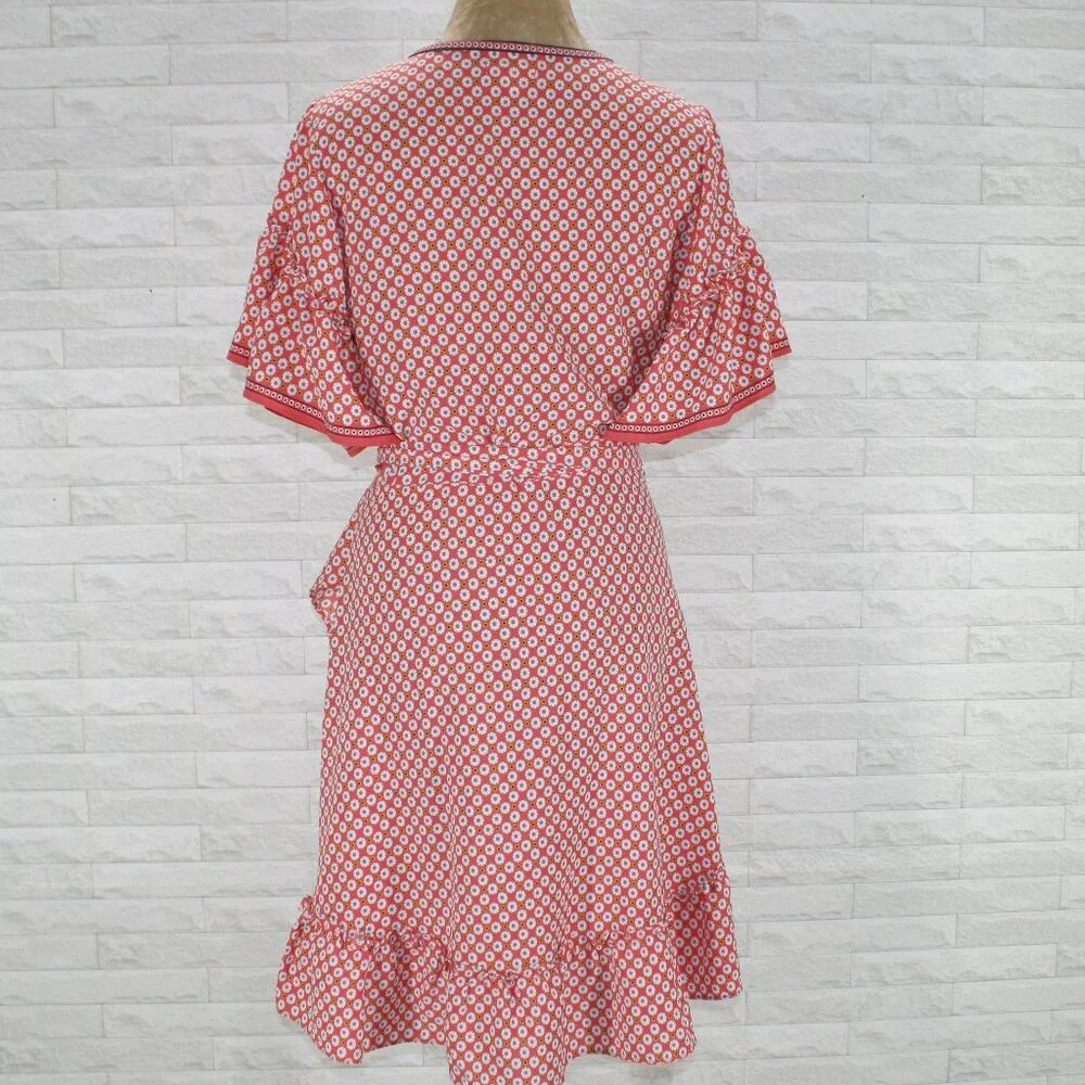MAX STUDIO Dress Wrap Floral Abstract Daisy Retro Casual Ruffle Orange White L - Picture 5 of 17